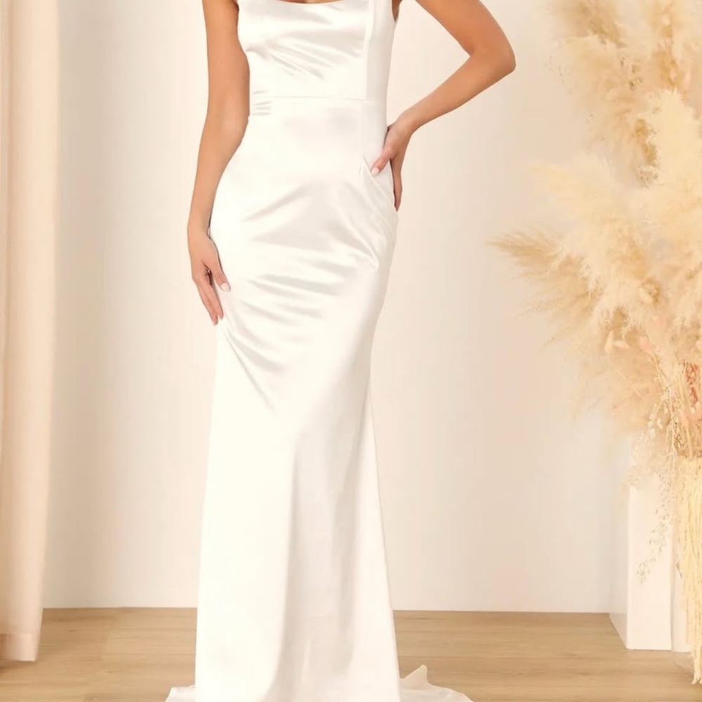 Lulus Sensational Promise White Satin Square Neck Mermaid Maxi Dress